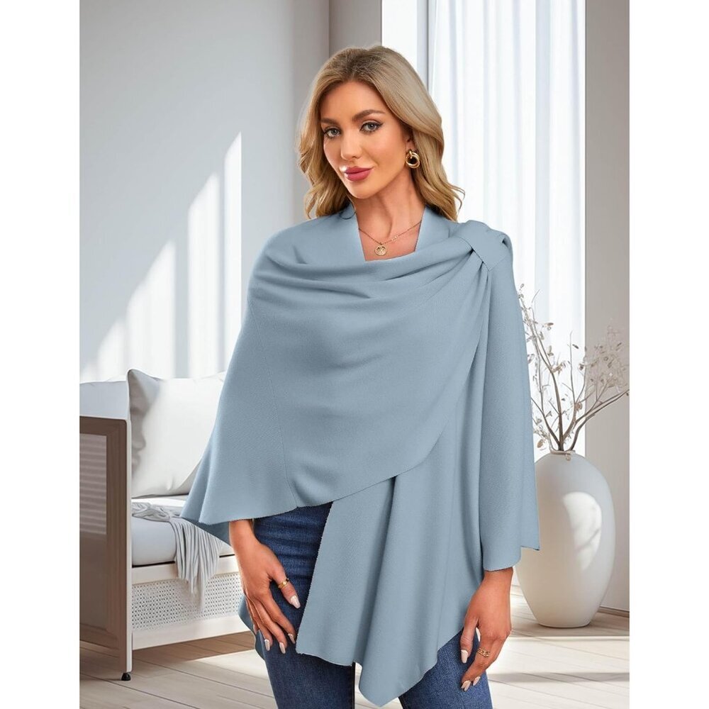Women's 1-blue Cross Front Poncho Sweater Wrap Knitted Elegant Shawls Cape - Picture 2 of 6